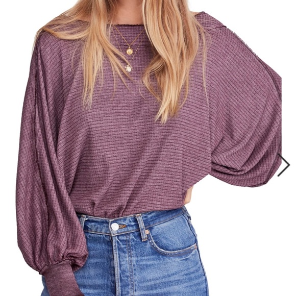 FREE PEOPLE Willow Thermal Oversized Top Waffle Knit In Wine Purple Size Medium - Picture 1 of 15